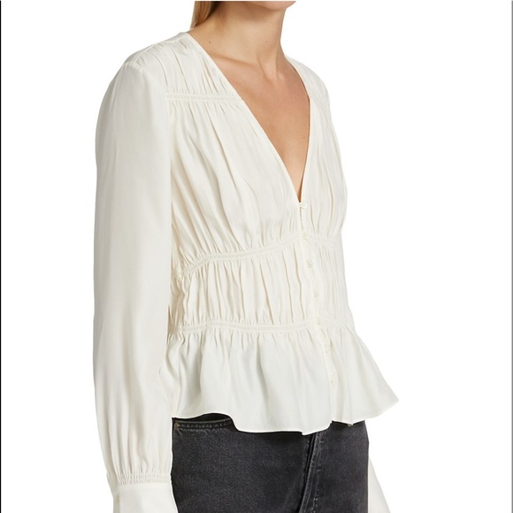 Frame Ruched V-Neck Silk Blouse Off White Large- New - Picture 7 of 14